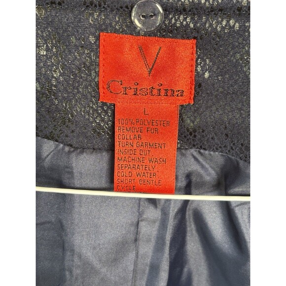 V Cristina Navy Blue Faux Leather Moto Jacket Snakeskin Print Size L Biker - Picture 7 of 9